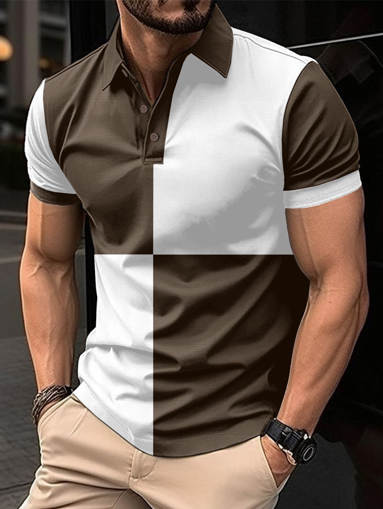 Casual Sports Short Sleeve Color Stitching Turnover Neck Polo Shirt for Men