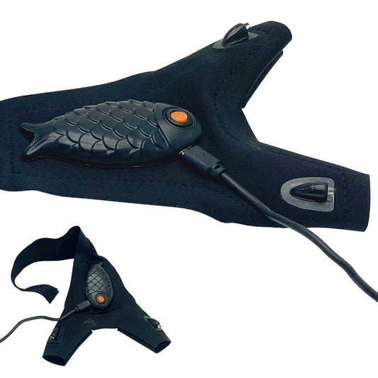 Black glove with fish-shaped design on a white background