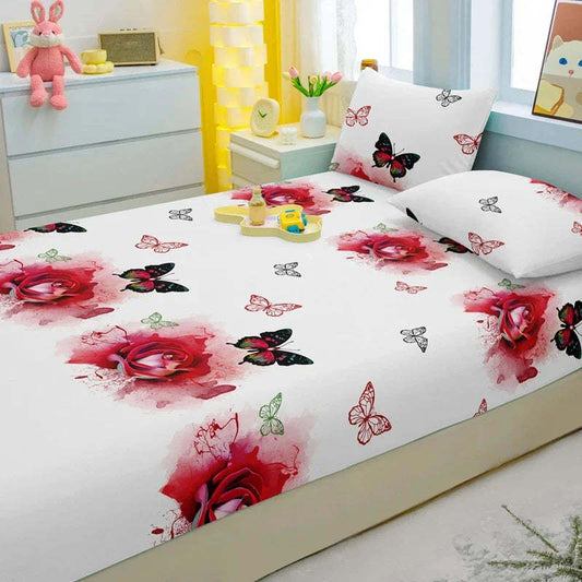 Bedding set with red roses and butterflies on a white background in a bedroom.
