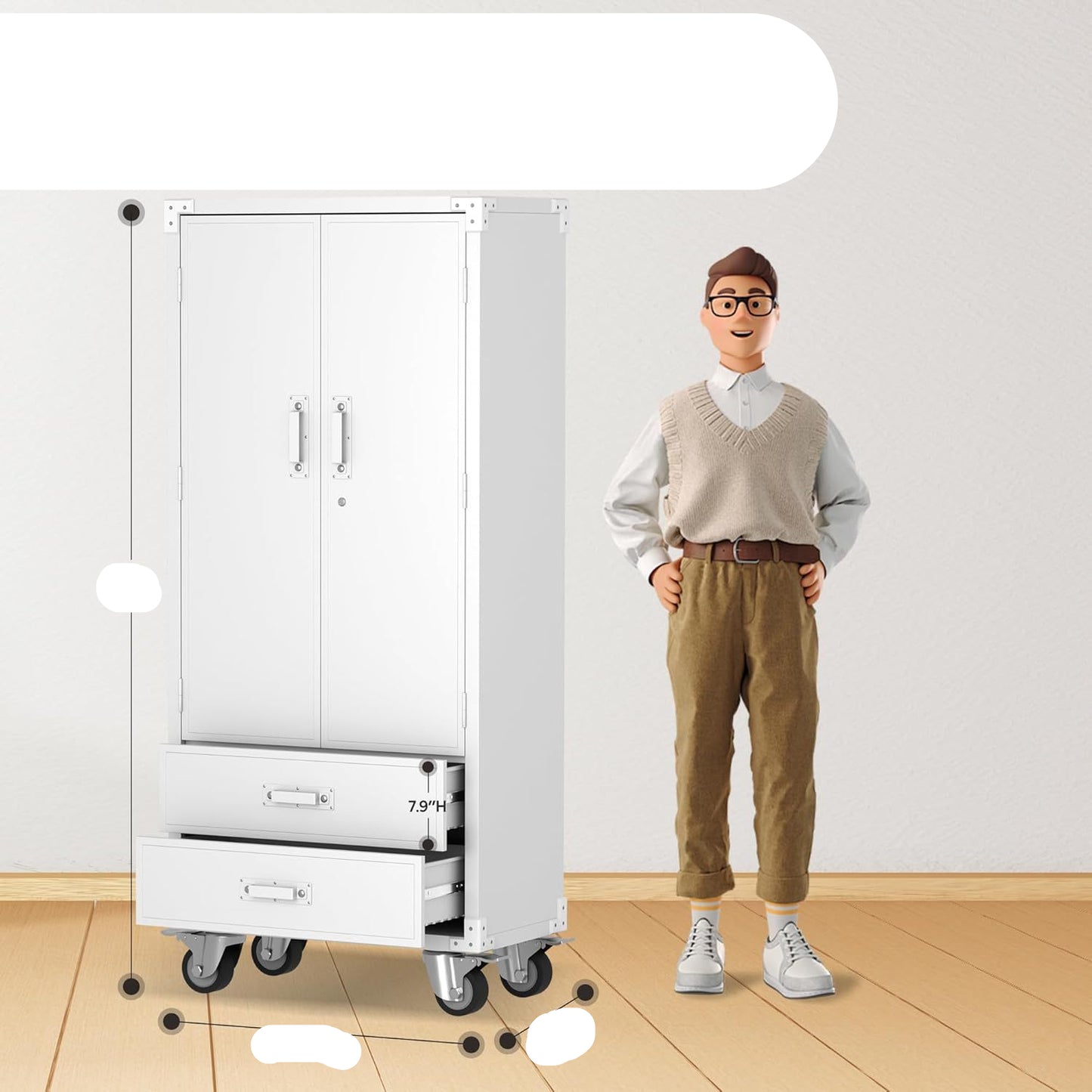 Rolling Storage Cabinet With 2 Doors And 2 Drawers, Metal Storage Cabinet With Doors And Shelves, Locking Steel Cabinet For Warehouse, Home, Office White