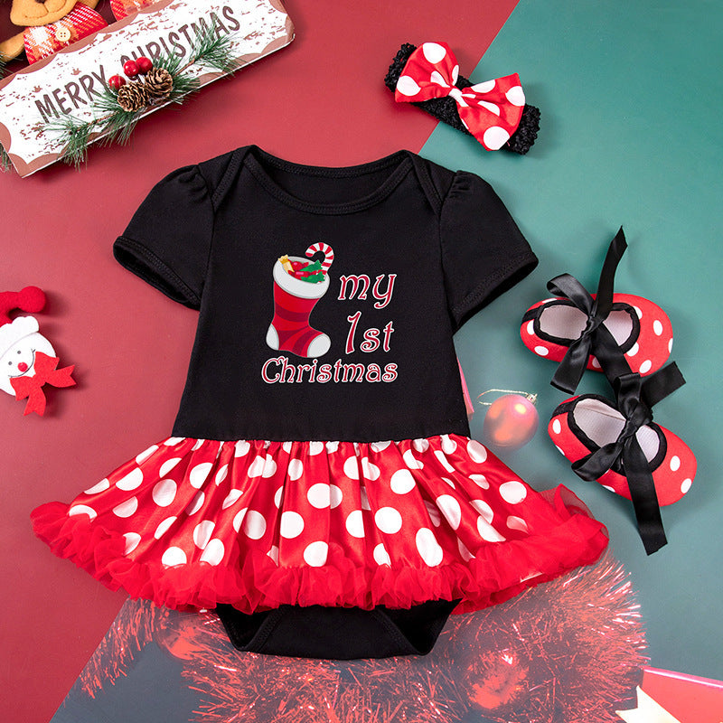 Baby Girl Christmas Party Holiday Clothes Cartoon Old Man Tree Baby's Gown Shoes Hair Accessories 3-piece Set