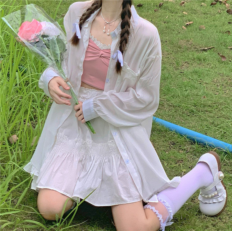 Japanese Soft Girl Wear Mid-length Shirt Ruffle Loose Loose Cardigan Sun Protection Shirt Jacket Female Summer Thin Section