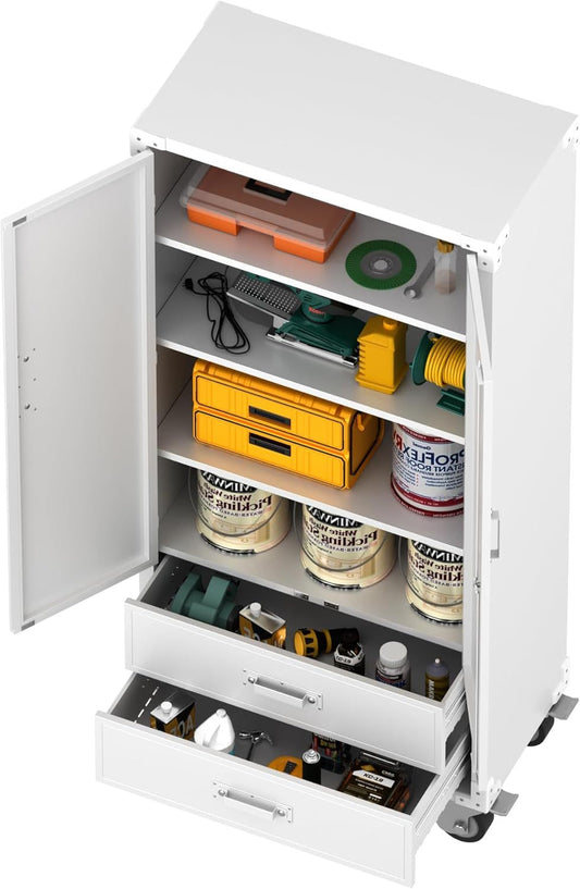 Rolling Storage Cabinet With 2 Doors And 2 Drawers, Metal Storage Cabinet With Doors And Shelves, Locking Steel Cabinet For Warehouse, Home, Office White
