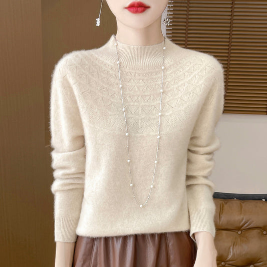 Front Line Women's Half-Collar Wool Sweater - Hollow-Out Loose Knitted Base