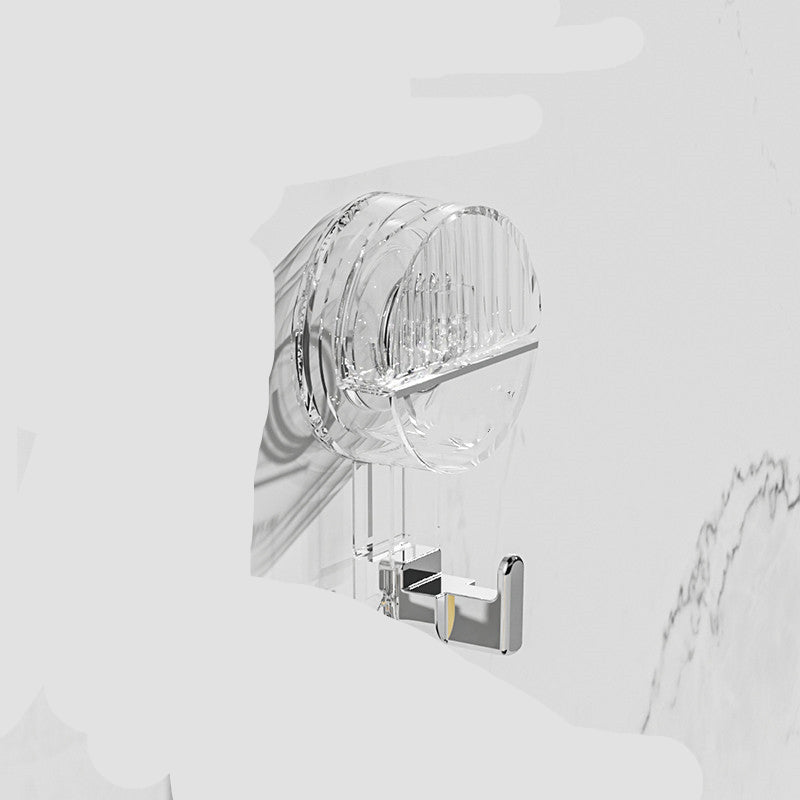Clear shower curtain hook with dimensions on a light gray background
