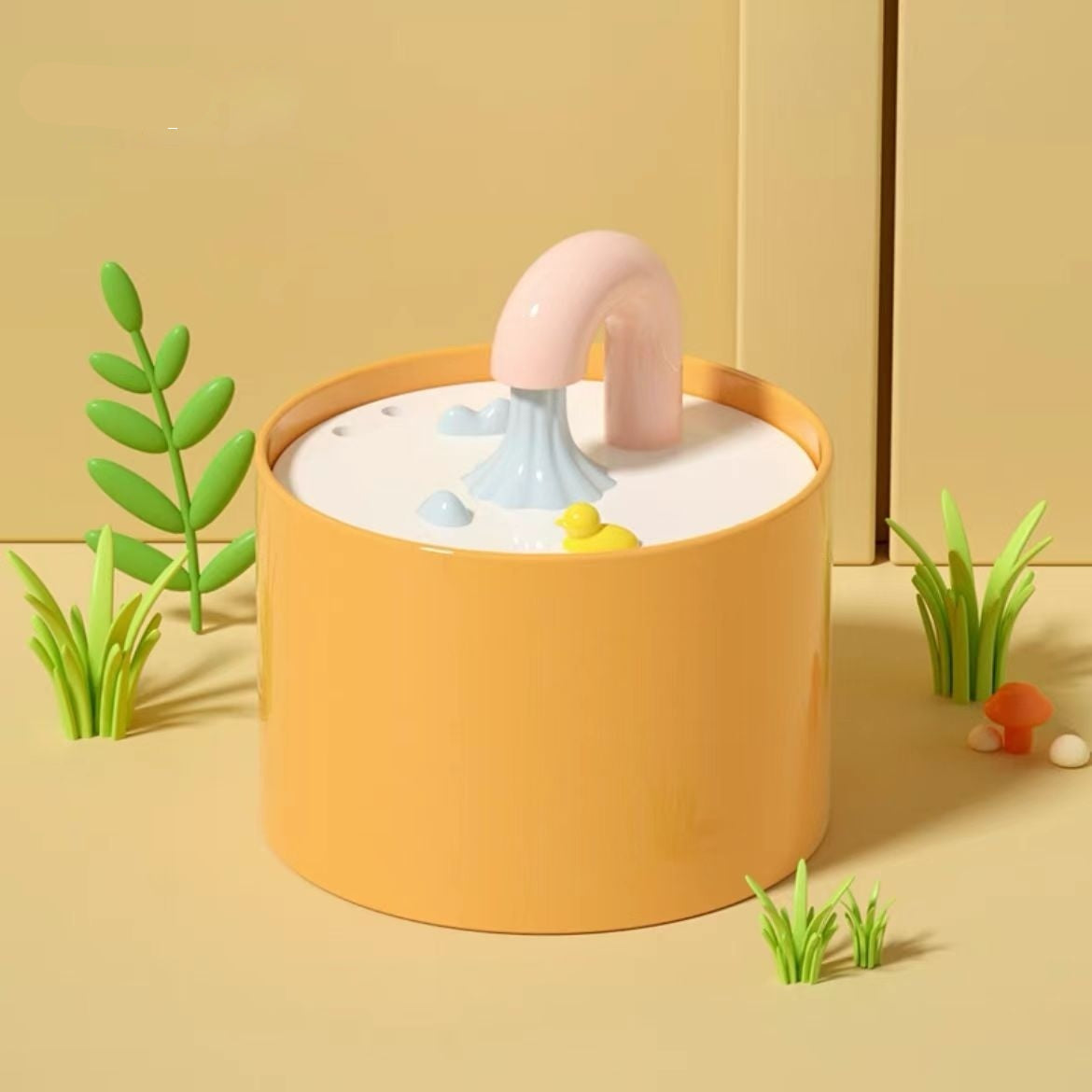 Pet water fountain with a yellow base and pink spout on a beige background