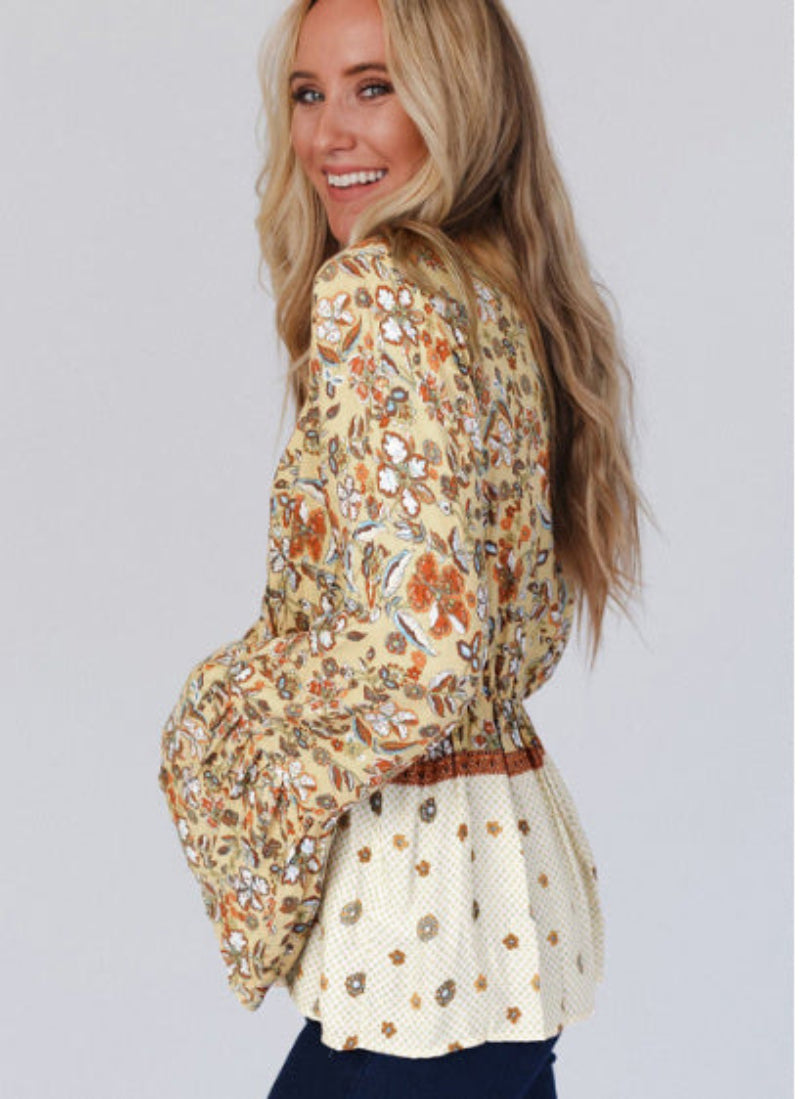 Yellow Printed Floral Bell Sleeve V Neck Wrapped Contrast Peplum Blouse