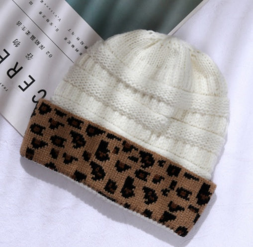 Leopard Print Cuffed Knitted Hat for Women