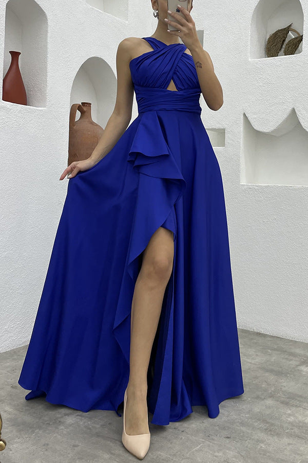 Sleeveless Solid Color Irregular Long Dress Formal For Women