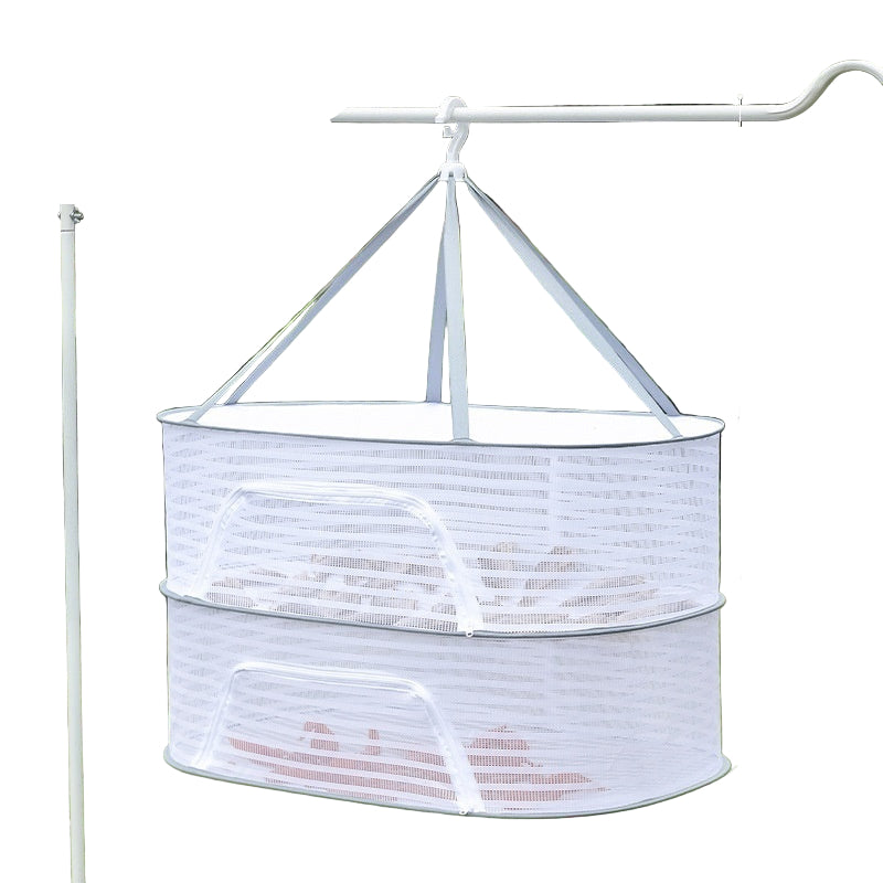 Multi-functional windproof drying basket with dimensions on a grassy background