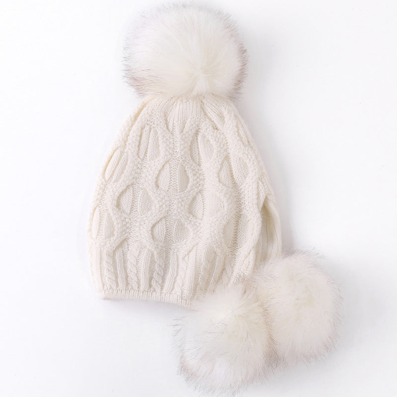 Ladies Knitted Hat with Three Rabbit Hair Balls