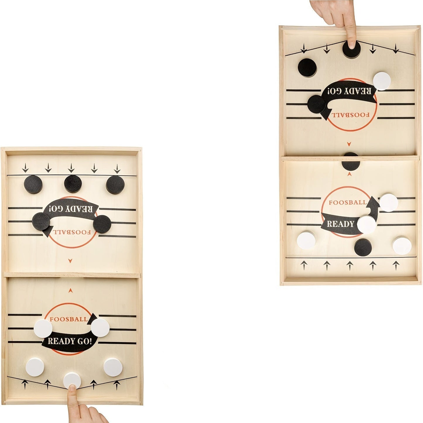 Wooden foosball game with instructions on how to play.