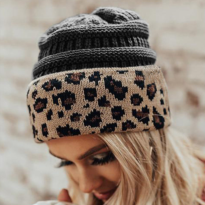 Leopard Print Cuffed Knitted Hat for Women
