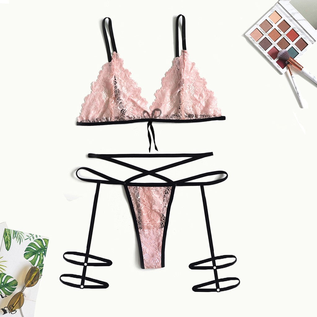 Lace Hollow Lingerie with Leg Straps – Elegant Three-Point Design