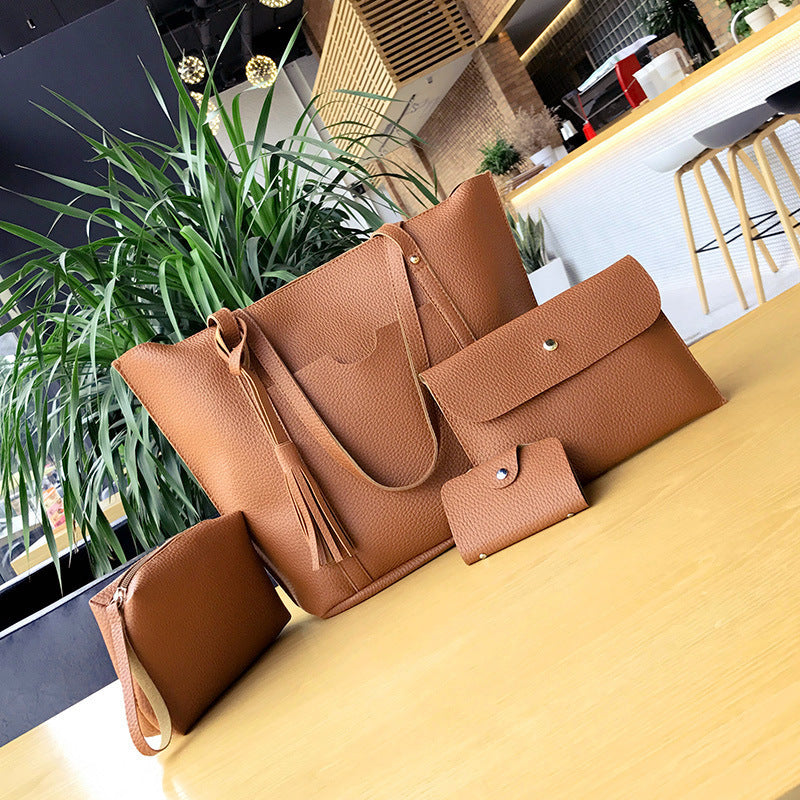 Oblique Cross Bag Lychee Pattern Tassel Four-piece Handbag