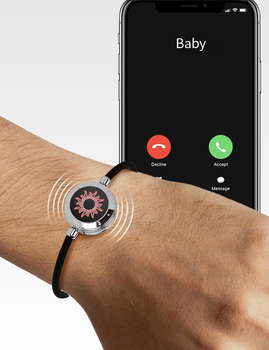 Smartwatch on wrist with phone showing incoming call interface