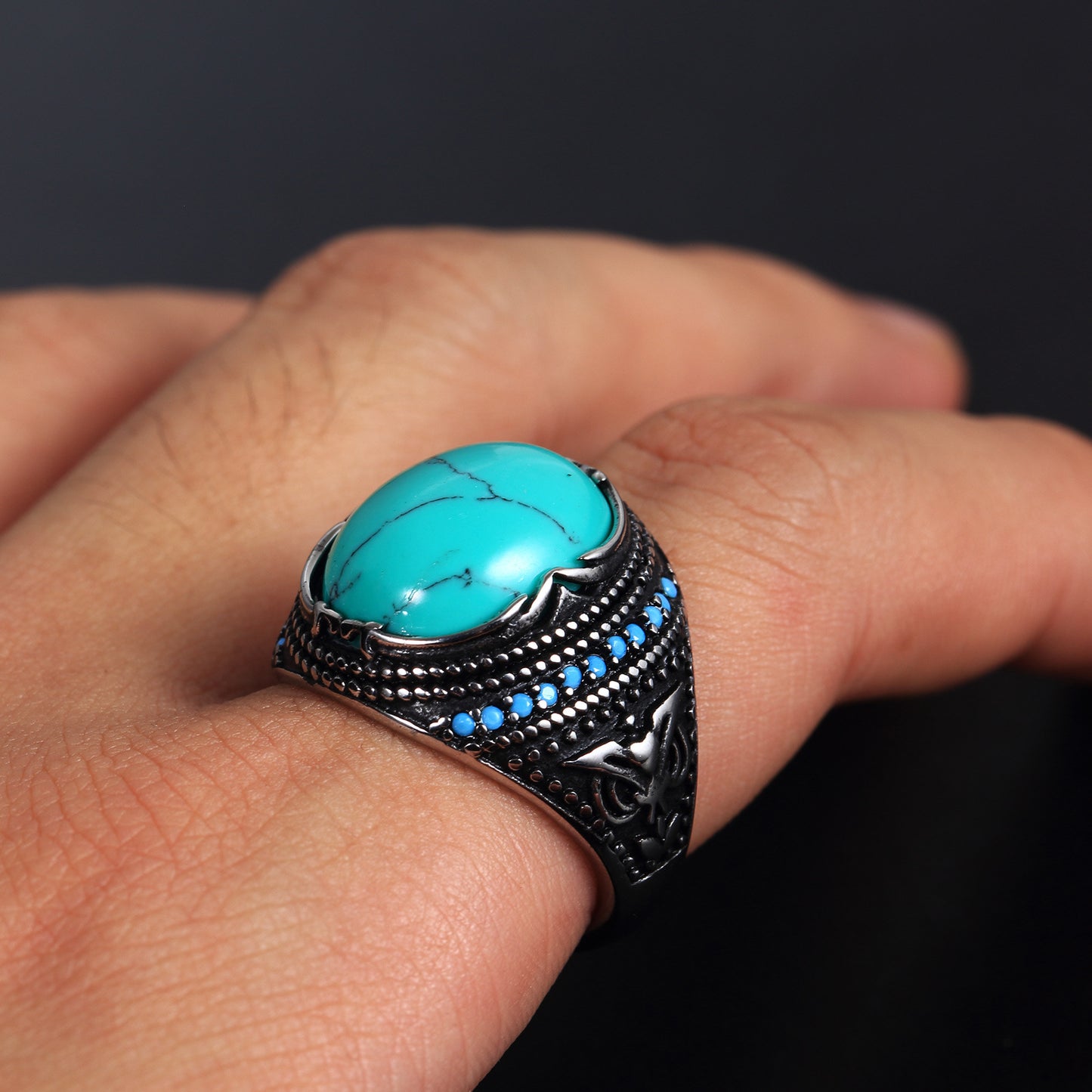 Men’s Titanium Steel Turquoise Textured Ring – Stylish Geometric Design