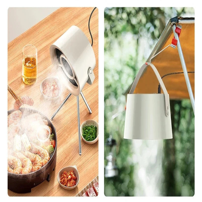 Two uses of a portable stove with tripod and lanyard features for outdoor cooking scenarios.
