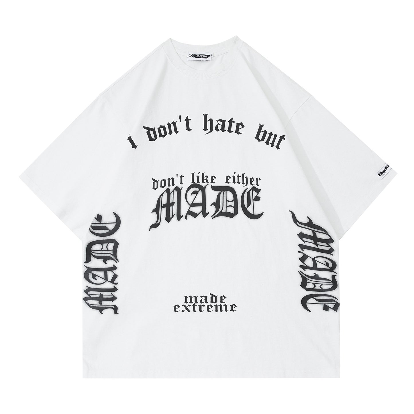 White t-shirt with black text and branding on a white background
