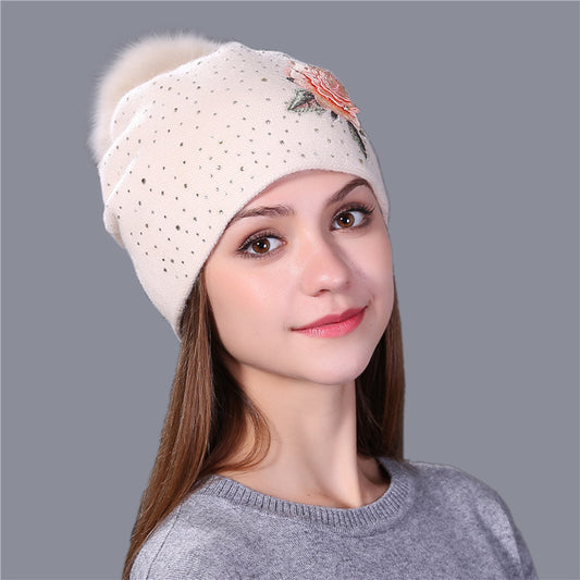Fox Fur Ball Embroidery Knitted Hat