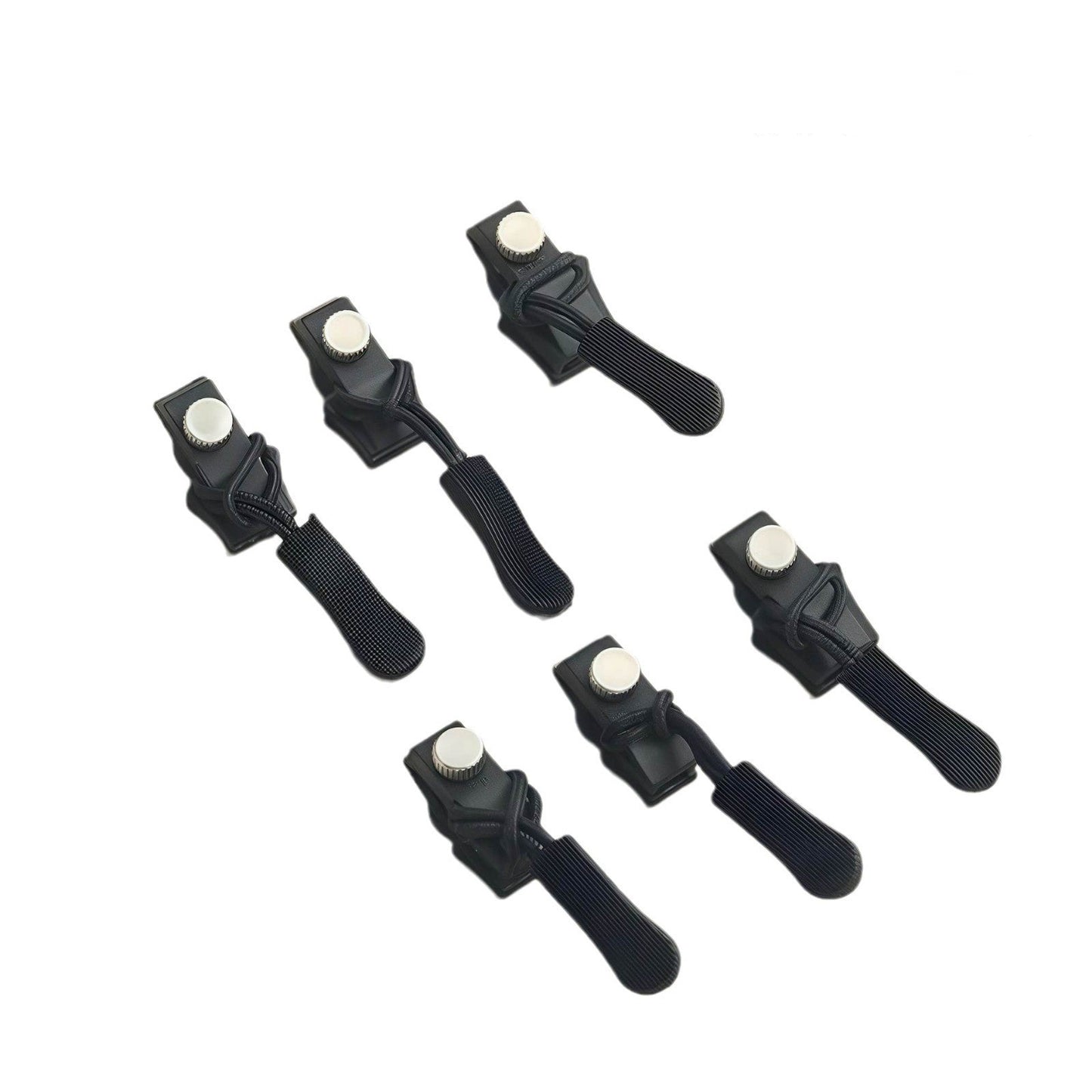 Set of six black hair clips with measurements on a white background