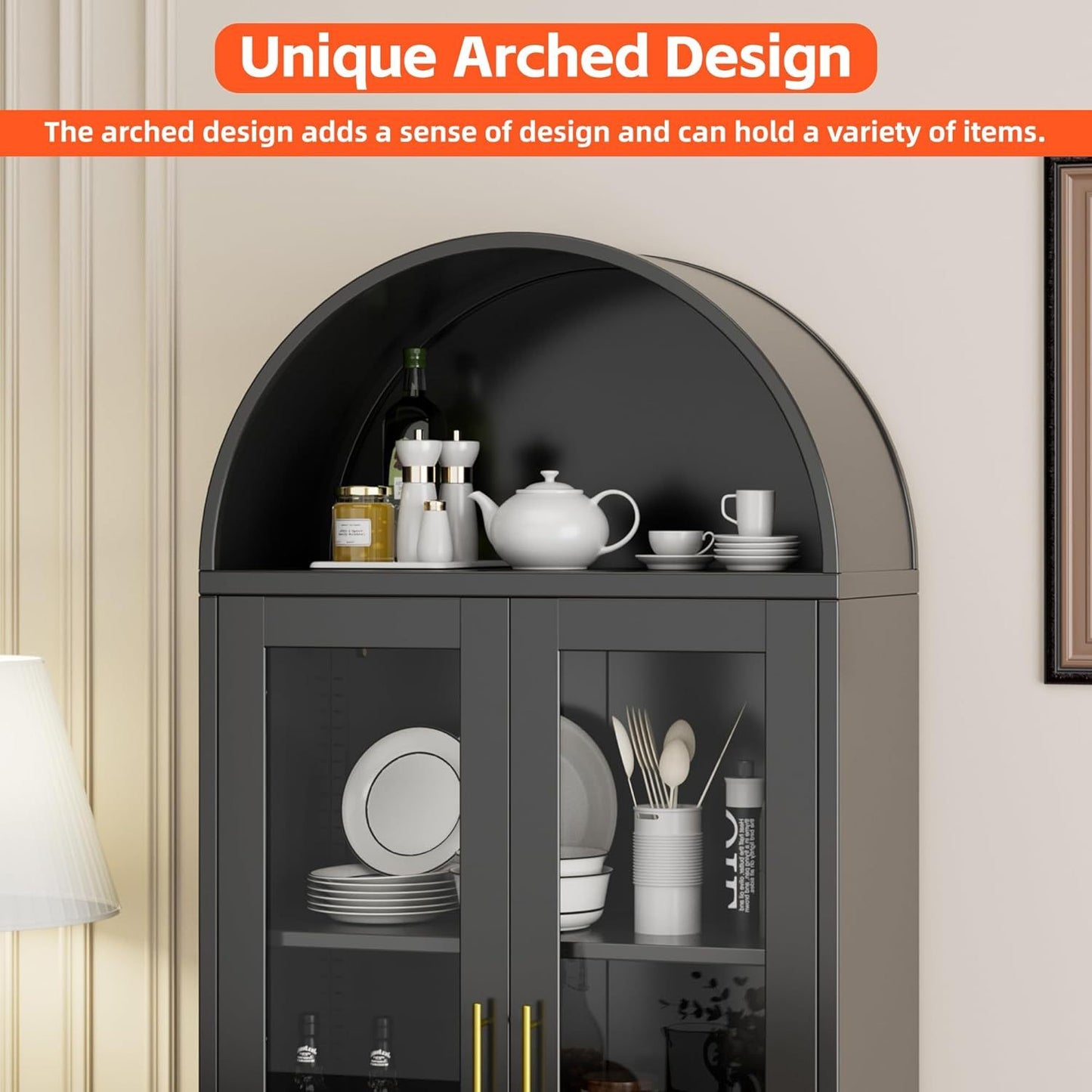 Metal Arched Display Cabinet With Lock, Modern Arch Kitchen Pantry Storage Cabinet With Glass Doors 1 Drawer For Living Room, Bookshelf, Assembly Required Black