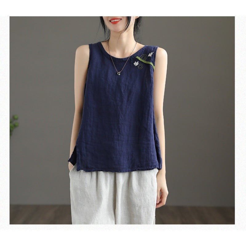 Cotton Linen Vest Female Artistic Embroidery Outer Wear Inner Wear