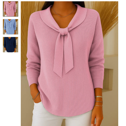 Women's Solid Color Loose Knitted Bow Sweater - Casual Japanese & Korean Style