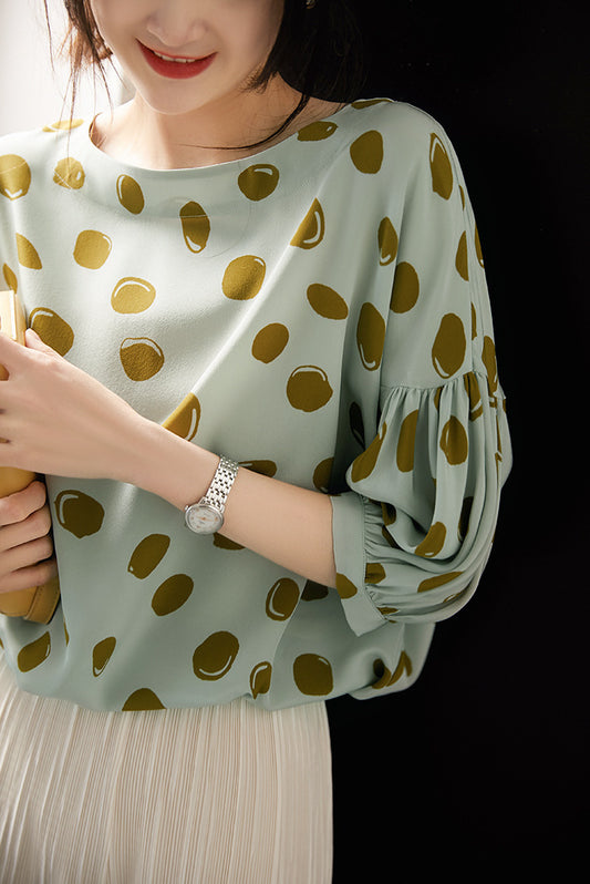 Elegant Retro Romantic Bubble Print Lantern Sleeve Shirt Top