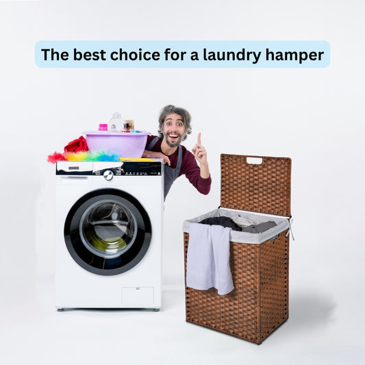 Laundry Hamper With Lid PE Rattan Powder Coating Frame Clothes Hampers With 02 Removable Bags,