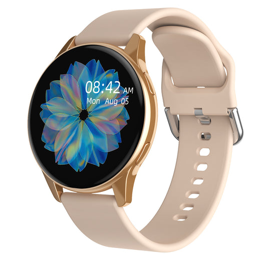 Smartwatch with a beige strap on a white background