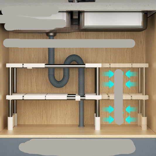 Retractable kitchen shelf with pipes underneath, suitable for a variety of kitchen cabinets.