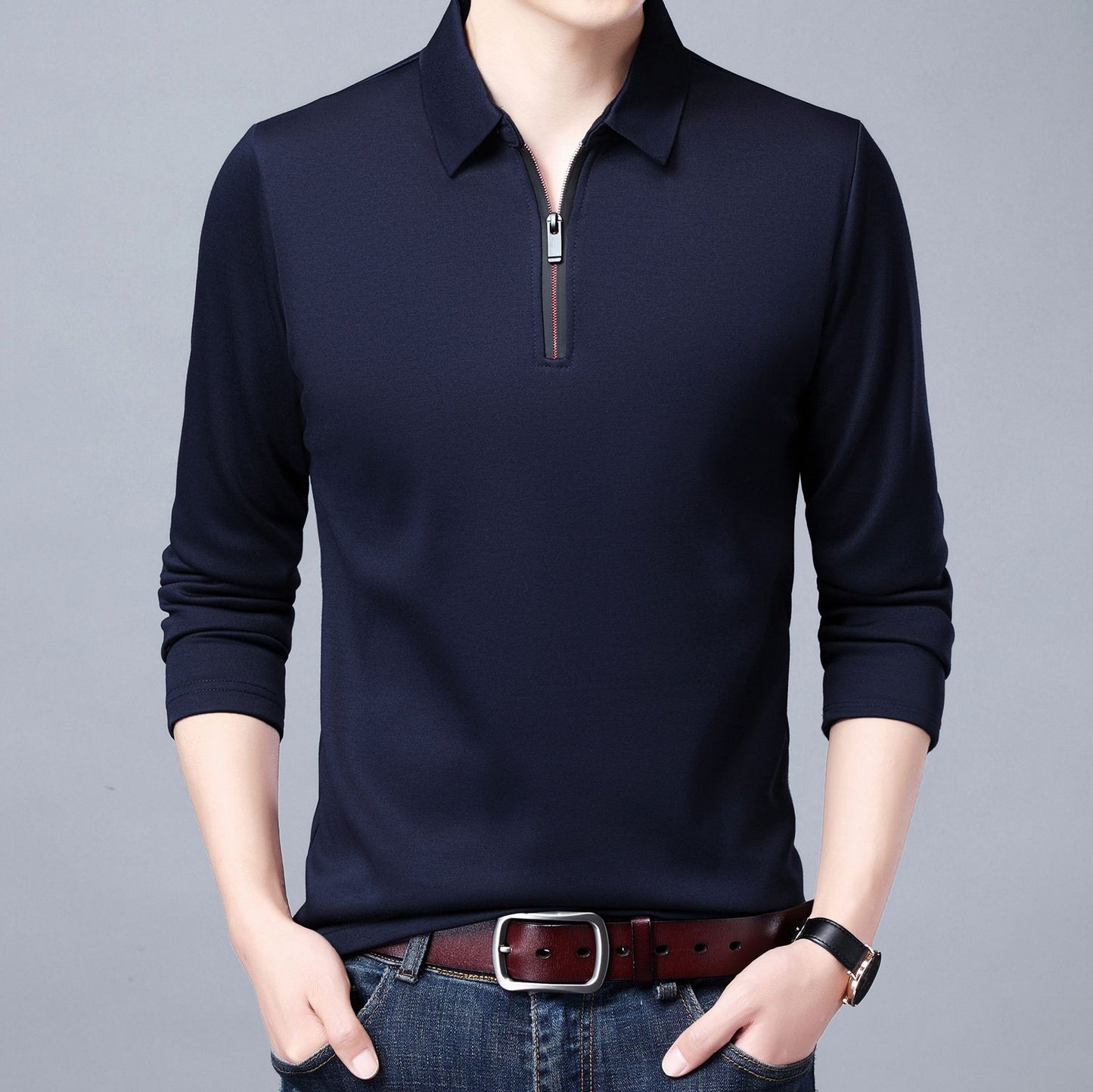 Spring And Autumn Men Long Sleeve Lapel Half Zip T Shirt