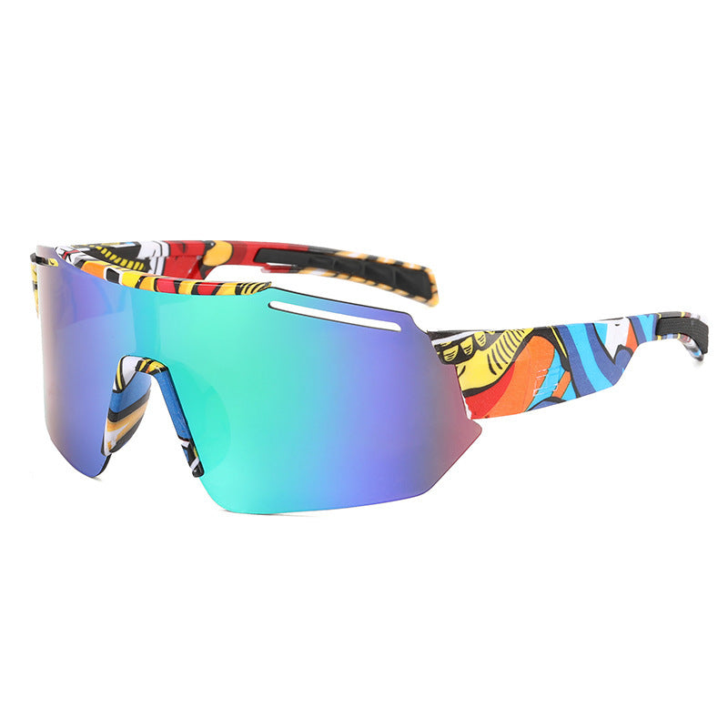 A pair of sporty sunglasses with a blue and multicolor frame and dark lenses suitable for outdoor activities.