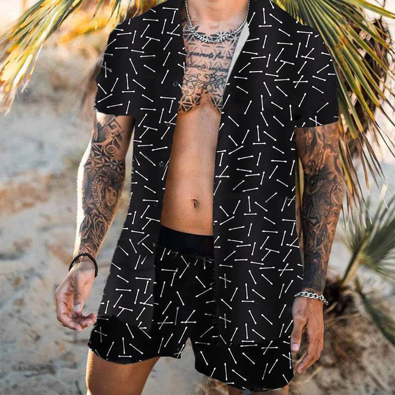 Streetwear Short Sleeve Beach Shirt with Short Pants - Casual Men's Clothing Outfit