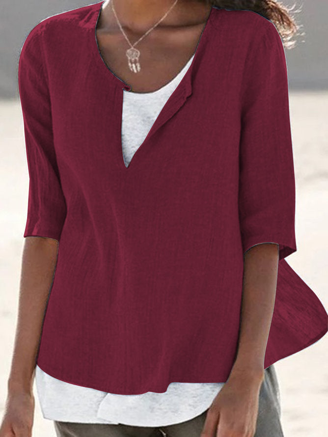 2025 Spring And Summer V-neck Solid Color Cotton And Hemp Medium Sleeve Women's Shirt