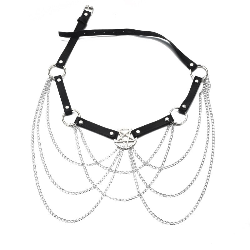 A model wearing a black body chain jewelry with metal details and a pentagram symbol.