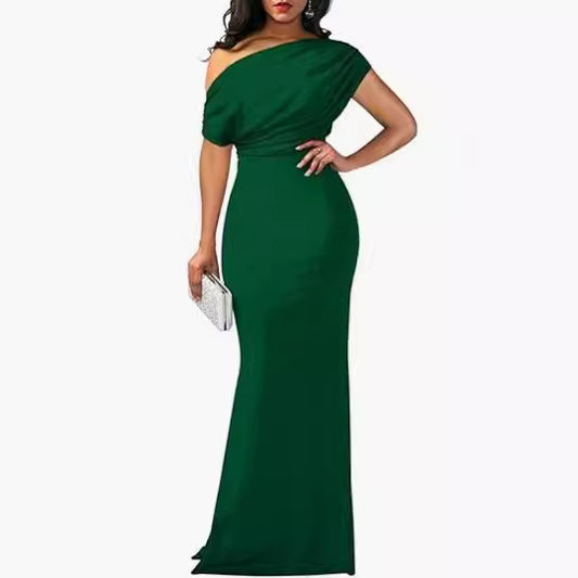 Green off-shoulder evening gown on a white background