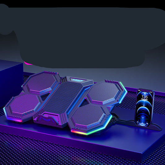 A laptop cooling frame with RGB color light adjustment and a detachable mobile phone holder. It has an array of fans designed to dissipate heat from a laptop, with speed regulation features.