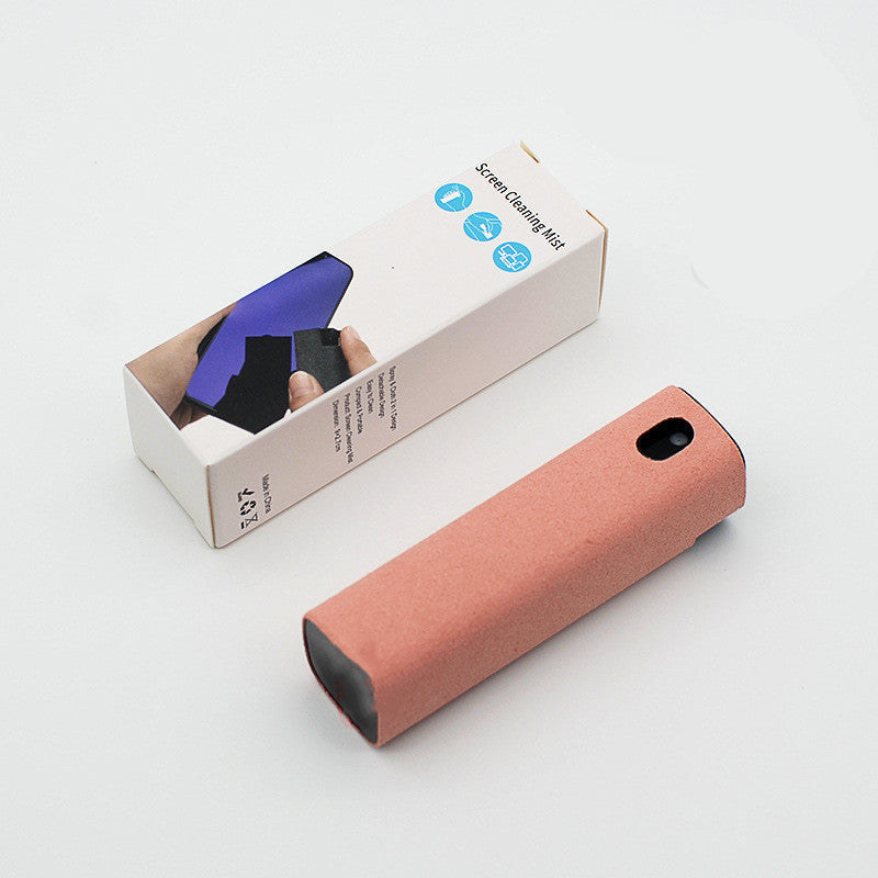An advertisement showing a 2-in-1 screen cleaner with a spray bottle and a built-in microfiber wipe, being used to clean a smartphone screen.