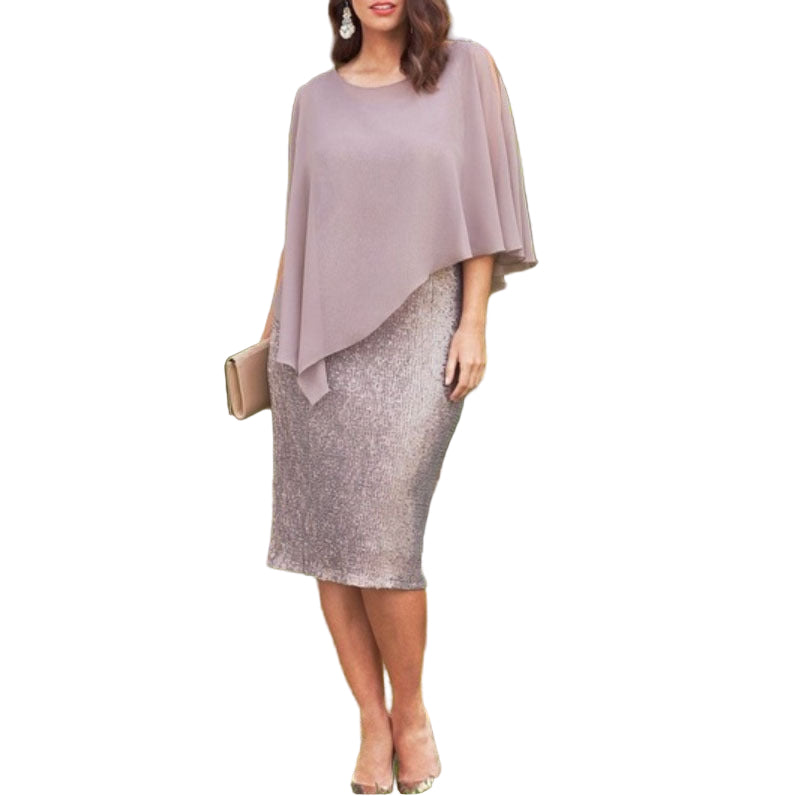 A woman wearing a solid color chiffon fake two-piece slim fit sheath dress with a high waist and short sleeves, standing outdoors.