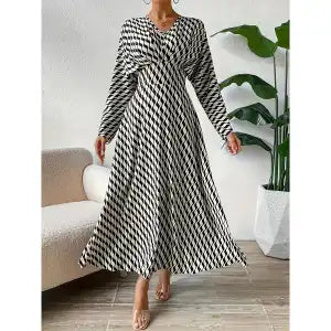 Geometric Printed V-neck Long-sleeved, Cinched-waist Elegant Office Clothing