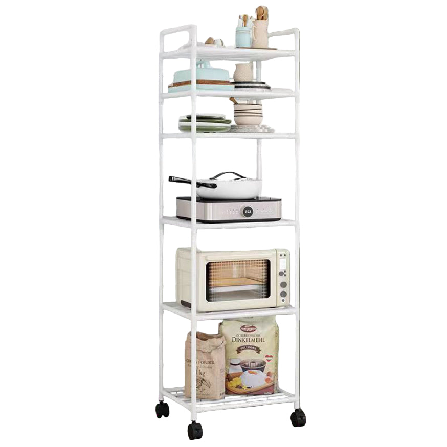 A multi-layered black and white kitchen shelf trolley with various kitchen items placed on it, set against a kitchen backdrop.