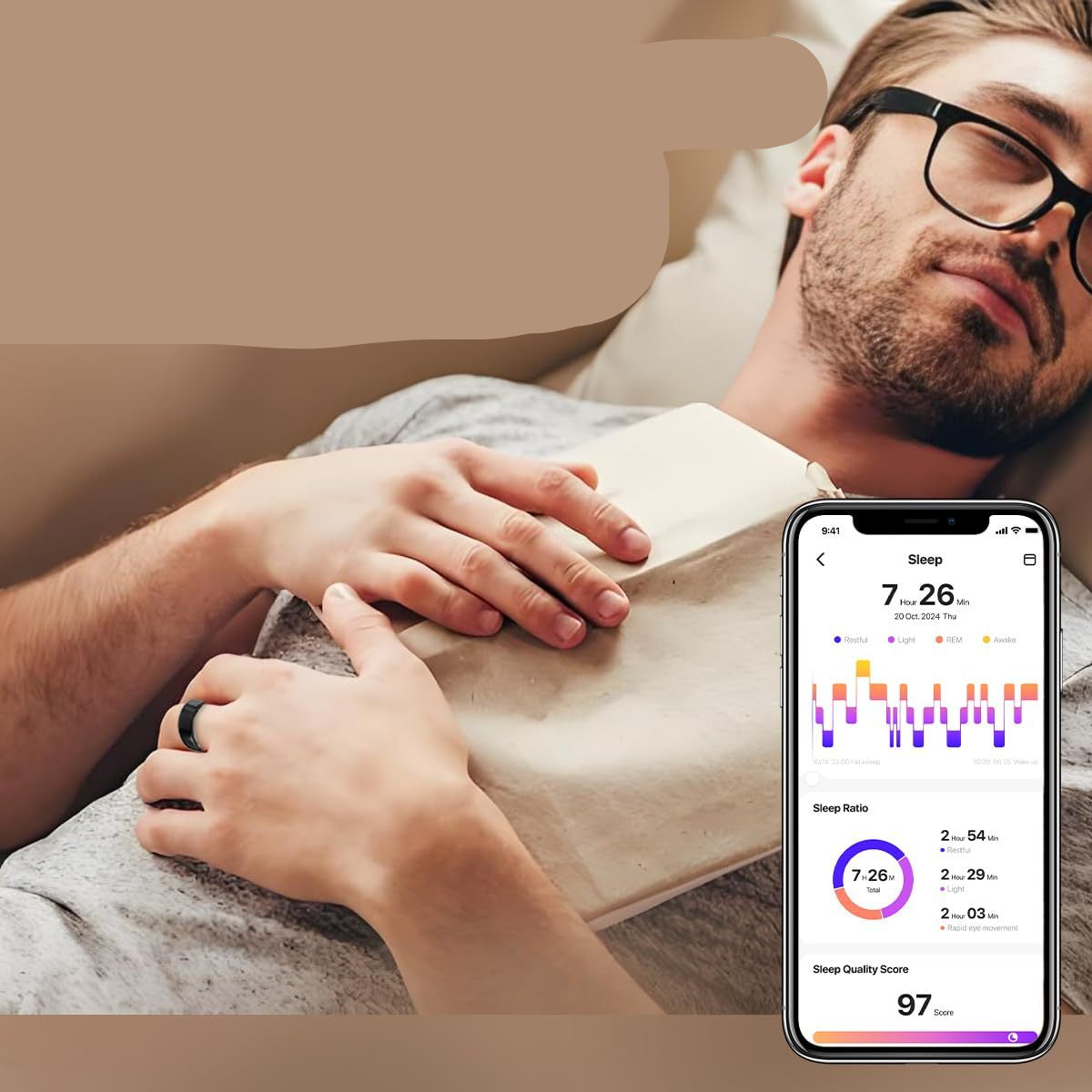 Man lying down with a sleep tracking app on his phone showing sleep data.
