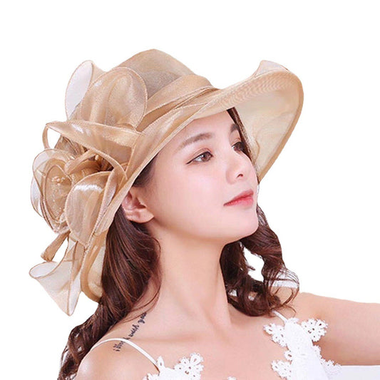 Women's Gauze Flower Wide Brim Hat