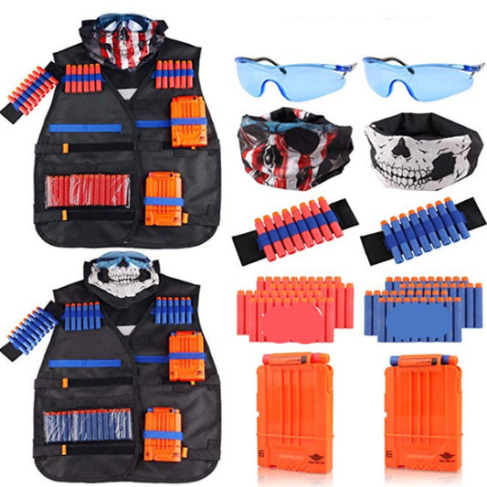 Two packs of a black vest with orange and blue compartments, including accessories like goggles and face masks.