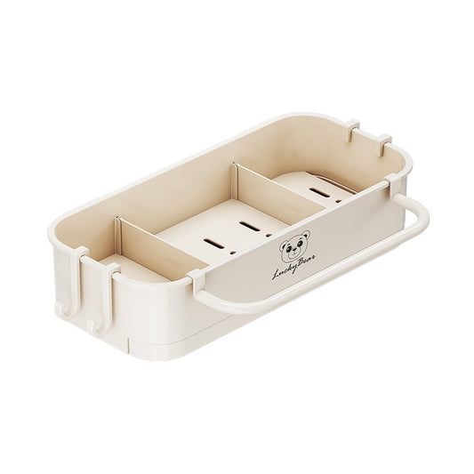 Beige storage organizer with a brand logo on a white background