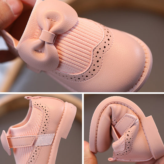 Collage of pink baby shoes with a bow detail on a neutral background