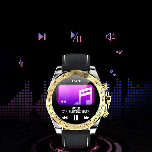 Smartwatch with music player interface on a dark background, featuring the brand 'musci control'.