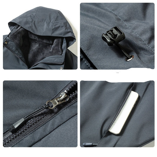 Close-up details of a gray jacket with windproof hood, zipper, and pocket.